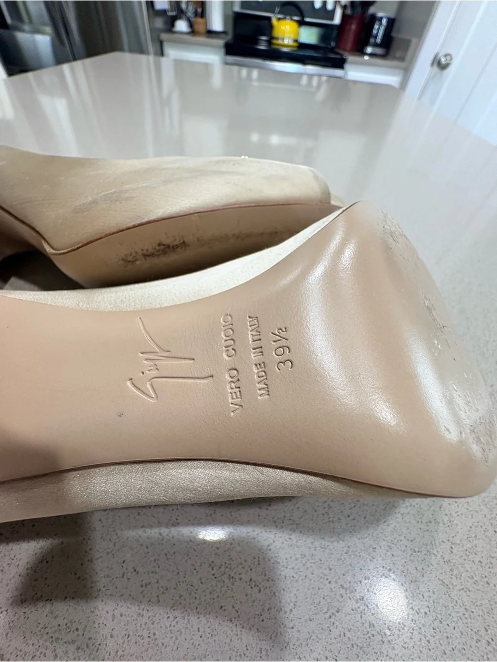 Giuseppe Zanotti beige satin peep toe pumps with Swarovski details